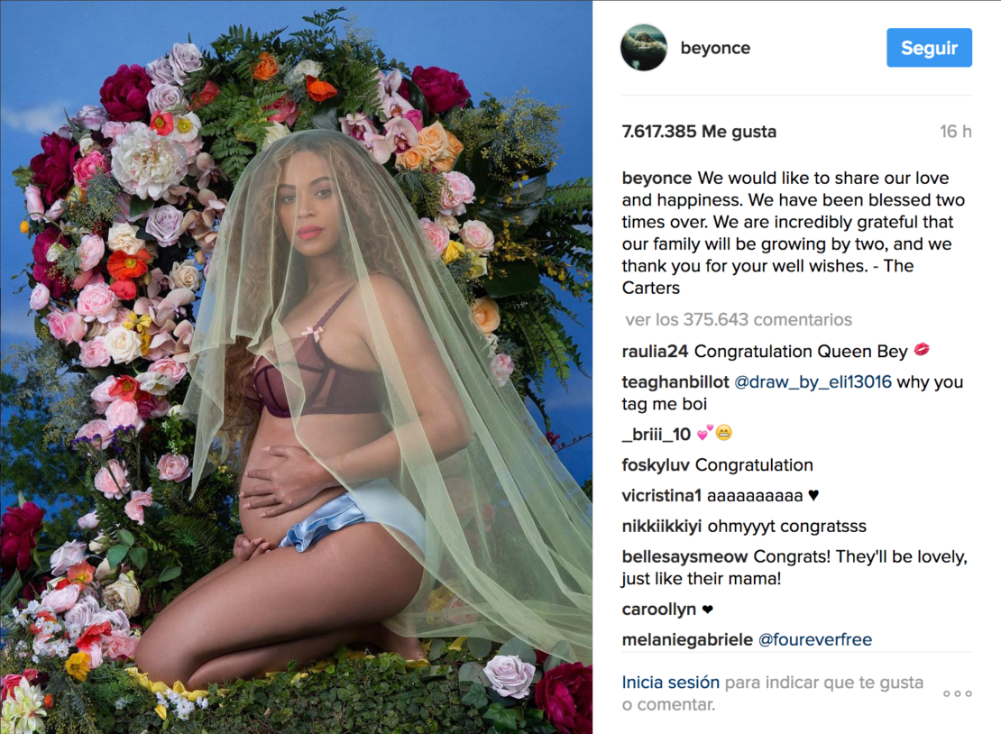 Beyoncé establece nuevo record en Instagram con el anuncio de su embarazo múltiple